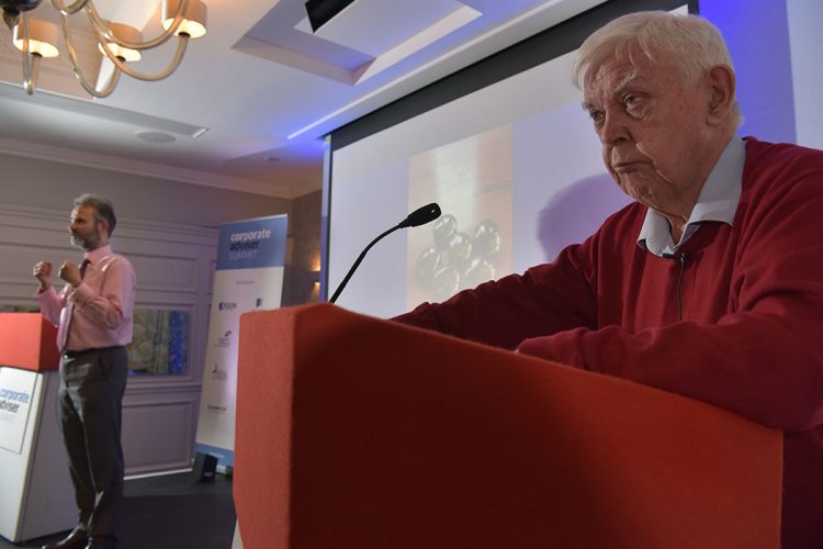 John Ralfe, John Ralfe Consulting, and Con Keating, [right] Head of Research, Brighton Rock Group, debate at a two day summit hosted by Corporate Adviser at Pennyhill Park, Bagshot.  Photo by Michael Walter/Troika