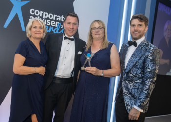 Barnett Waddingham's Mark Futcher and Julia Turney collect the award for Corporate Adviser Firm of the Year from LGIM's Rita Butler-Jones and Joel Dommett