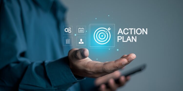 Action plan concept. Business and marketing, objective, strategy, Plan and implementation. Person holding action plan icon on virtual screen for Strategic, Vision, Planning and Direction.